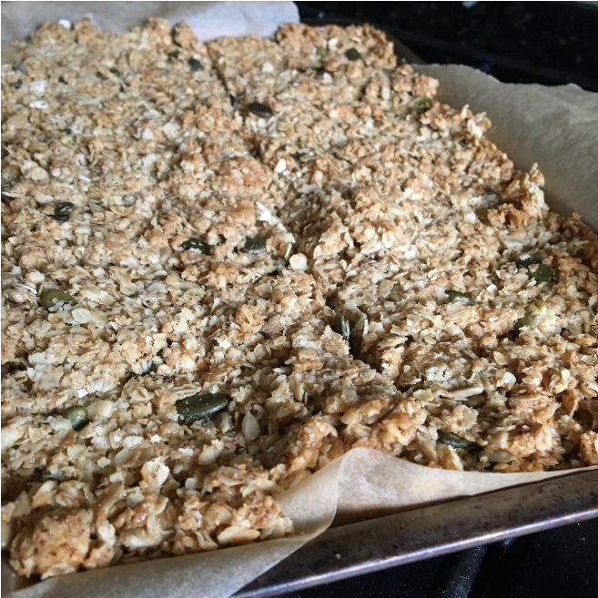 This is how the breakfast flapjack looks once it is out of the oven and has been cut into pieces.