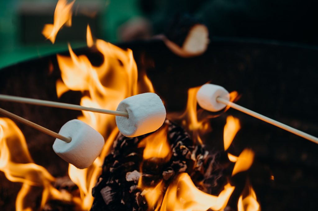 Toasting marshmallows on a campfire